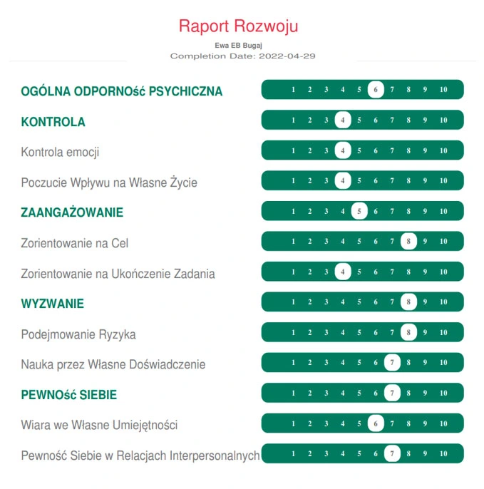 Przykładowy raport MTQ+ – wyniki pierwotne
