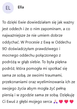 Zrzut ekranu opinii uczestniczki sesji Oddech 9D – opinia 2