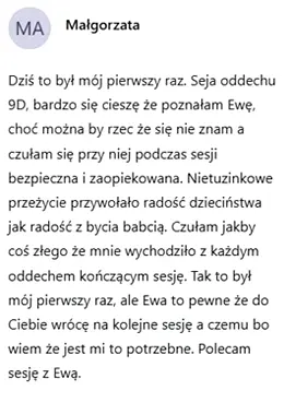Zrzut ekranu opinii uczestniczki sesji Oddech 9D – opinia 7