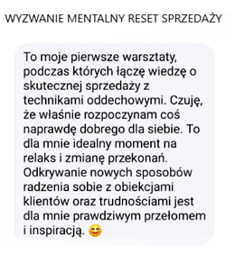 Zrzut ekranu opinii uczestnika – program Mentalny Reset
